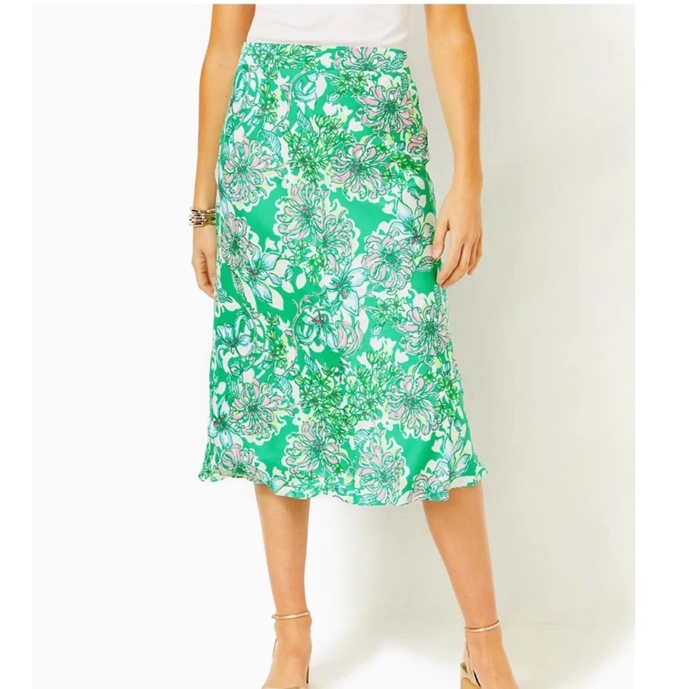 Lilly Pulitzer Green Pink Floral Midi Skirt High Rise A-Line Size 14